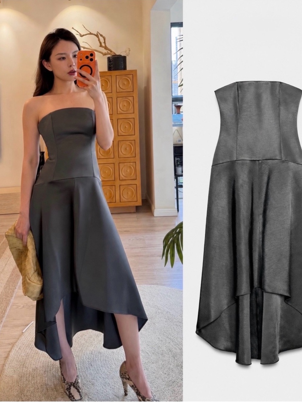 BNWT Zara Dark Gray ZW Collection Asymmetric Satin Dress